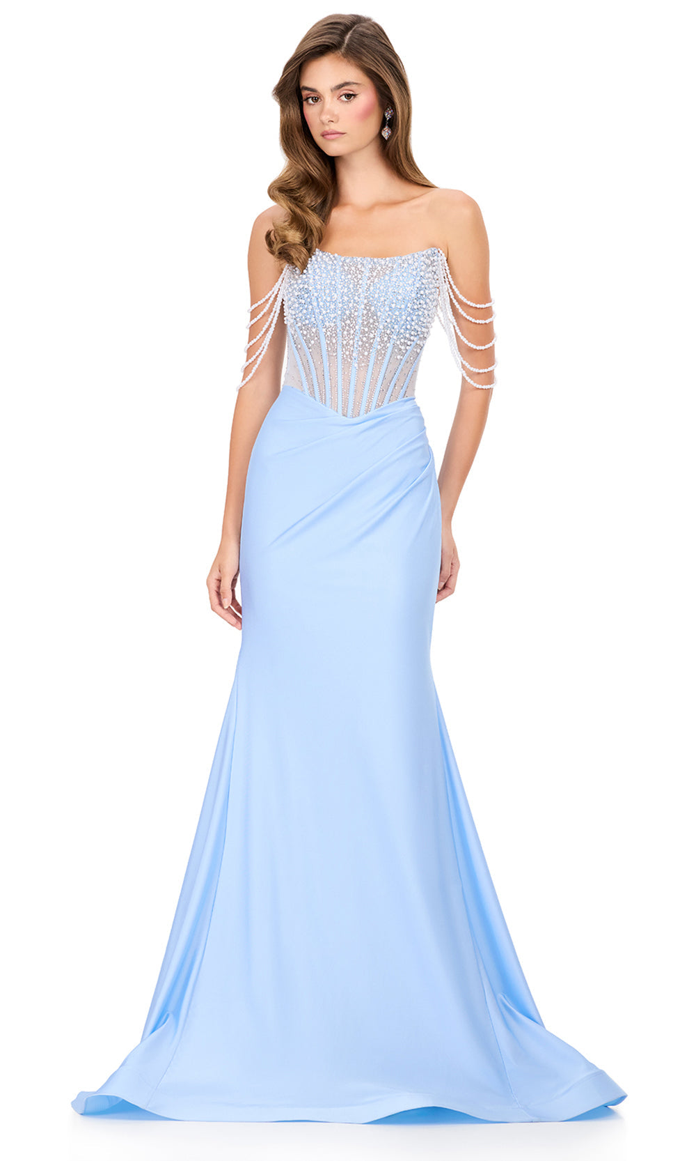 Ashley Lauren 12154 - Pearl Shoulder Sleeve Mermaid Dressin in Sky
