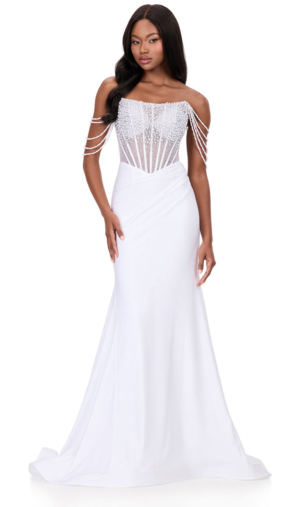 Ashley Lauren 12154 - Pearl Shoulder Sleeve Mermaid Dressin in White 