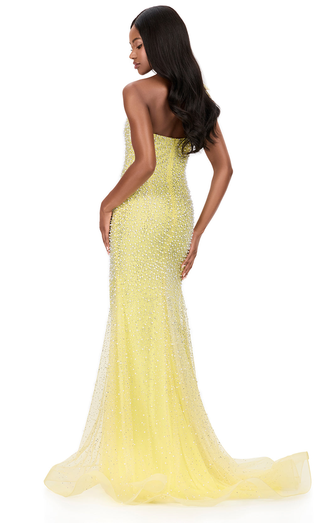 Ashley Lauren 12157 - Pearl Embellished Bow Shoulder Strap Dress in Yellow