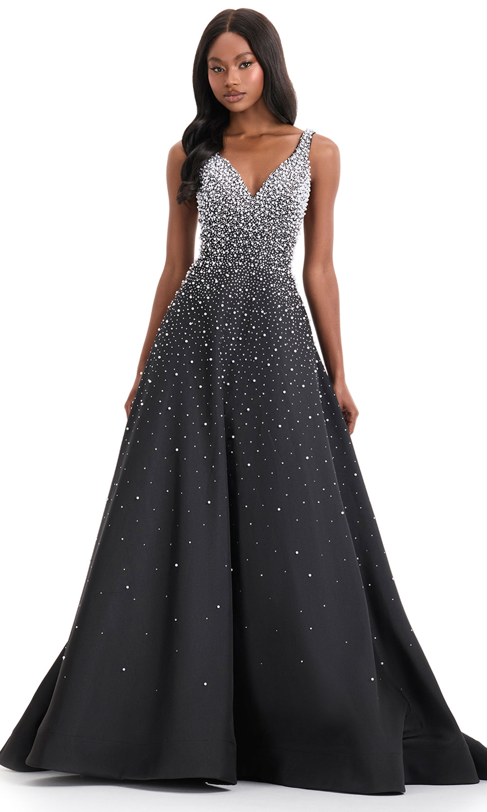 Ashley Lauren 12160 - Mikado Beaded V-Neckline Long Dress in Black