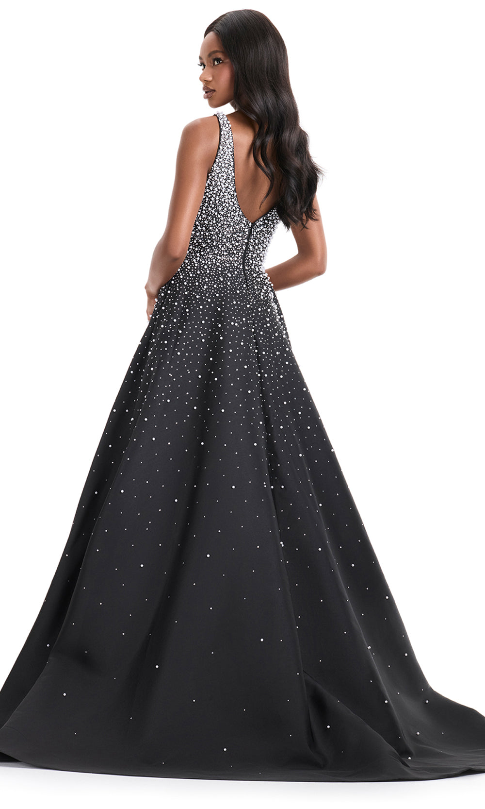 Ashley Lauren 12160 - Mikado Beaded V-Neckline Long Dress in Black