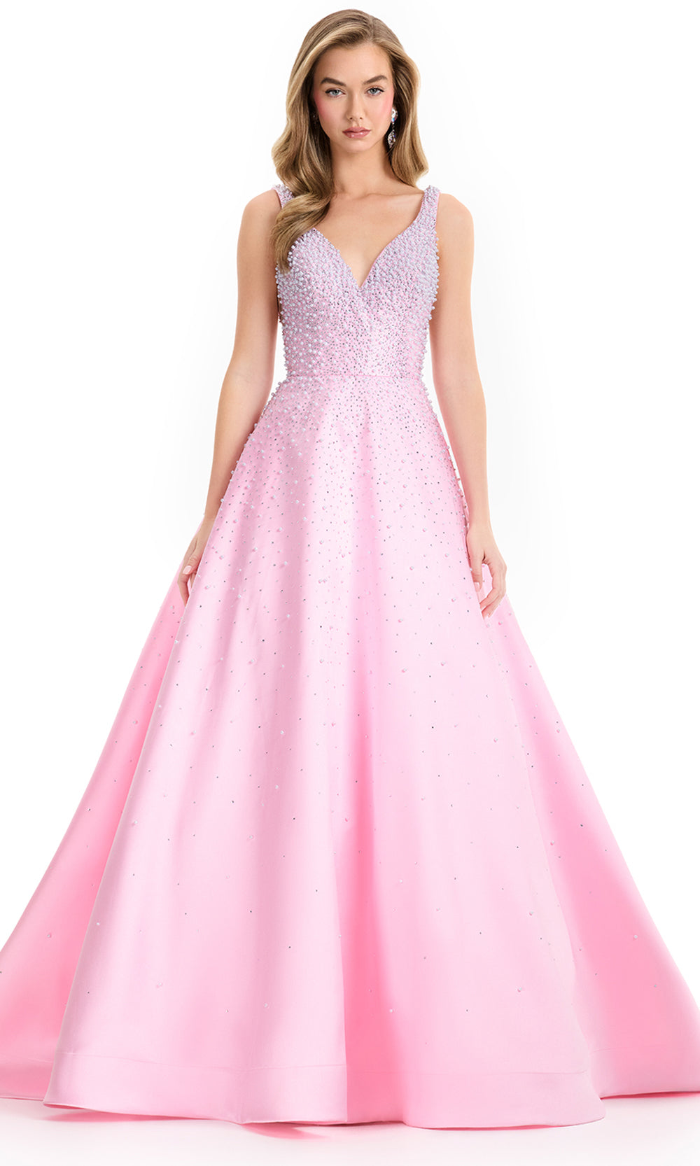 Ashley Lauren 12160 - Mikado Beaded V-Neckline Long Dress in Ice Pink