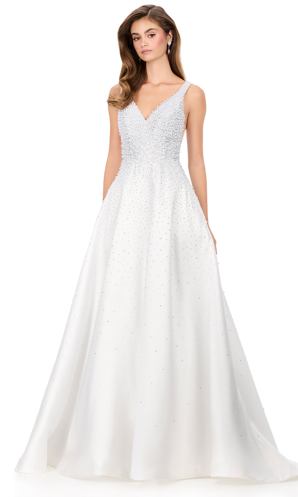 Ashley Lauren 12160 - Mikado Beaded V-Neckline Long Dress in Ivory