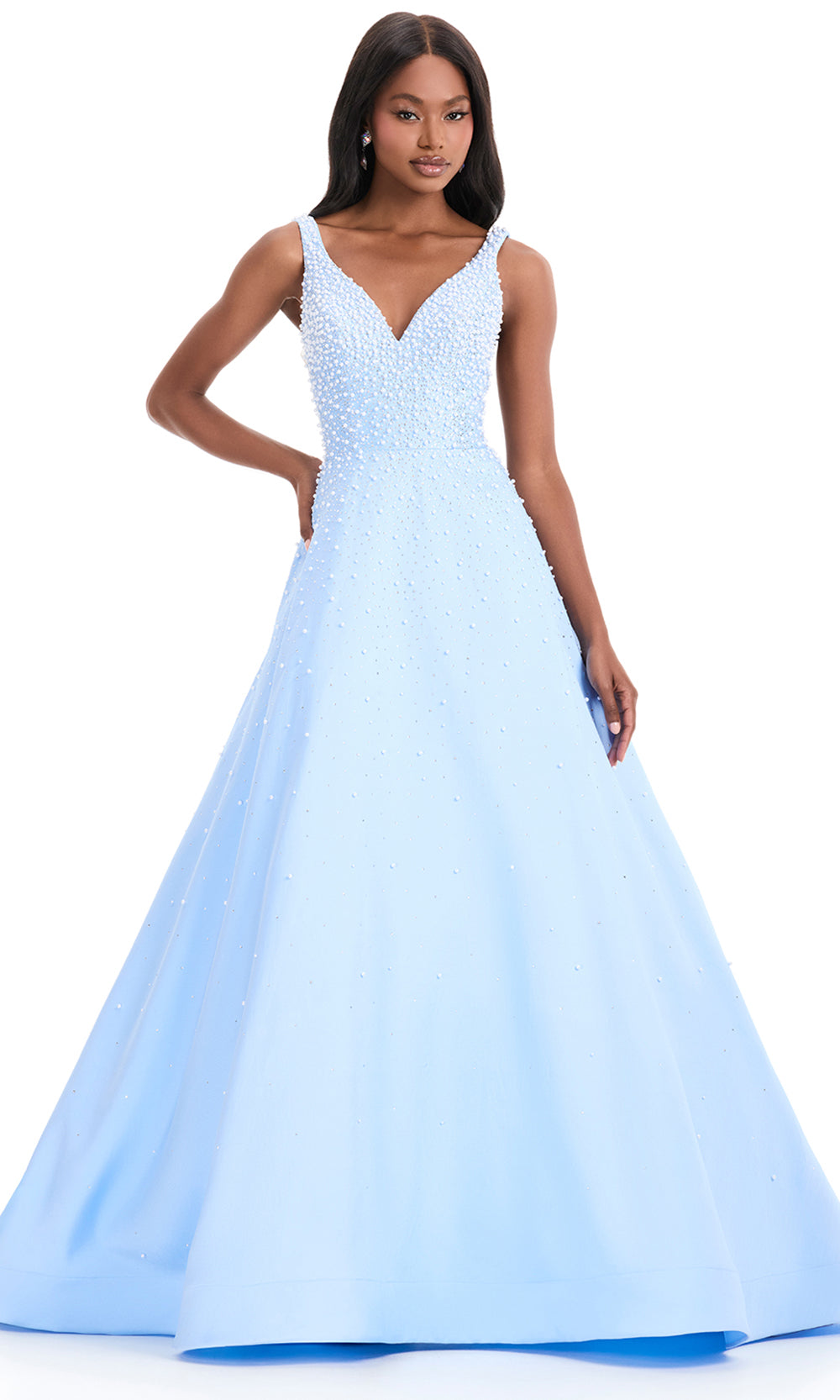 Ashley Lauren 12160 - Mikado Beaded V-Neckline Long Dress in Sky
