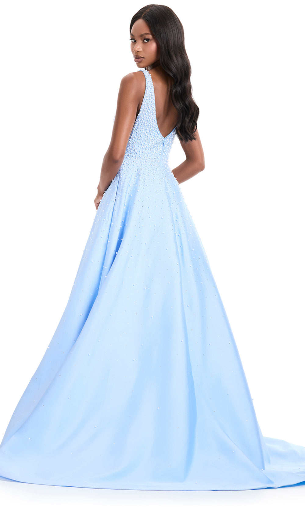 Ashley Lauren 12160 - Mikado Beaded V-Neckline Long Dress in Sky