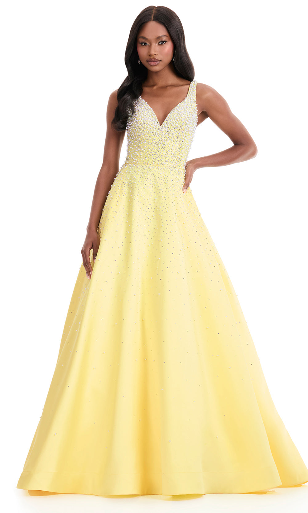 Ashley Lauren 12160 - Mikado Beaded V-Neckline Long Dress in Yellow
