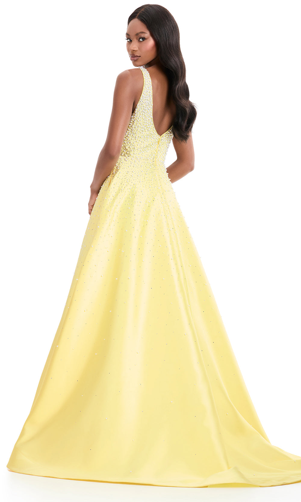 Ashley Lauren 12160 - Mikado Beaded V-Neckline Long Dress in Yellow