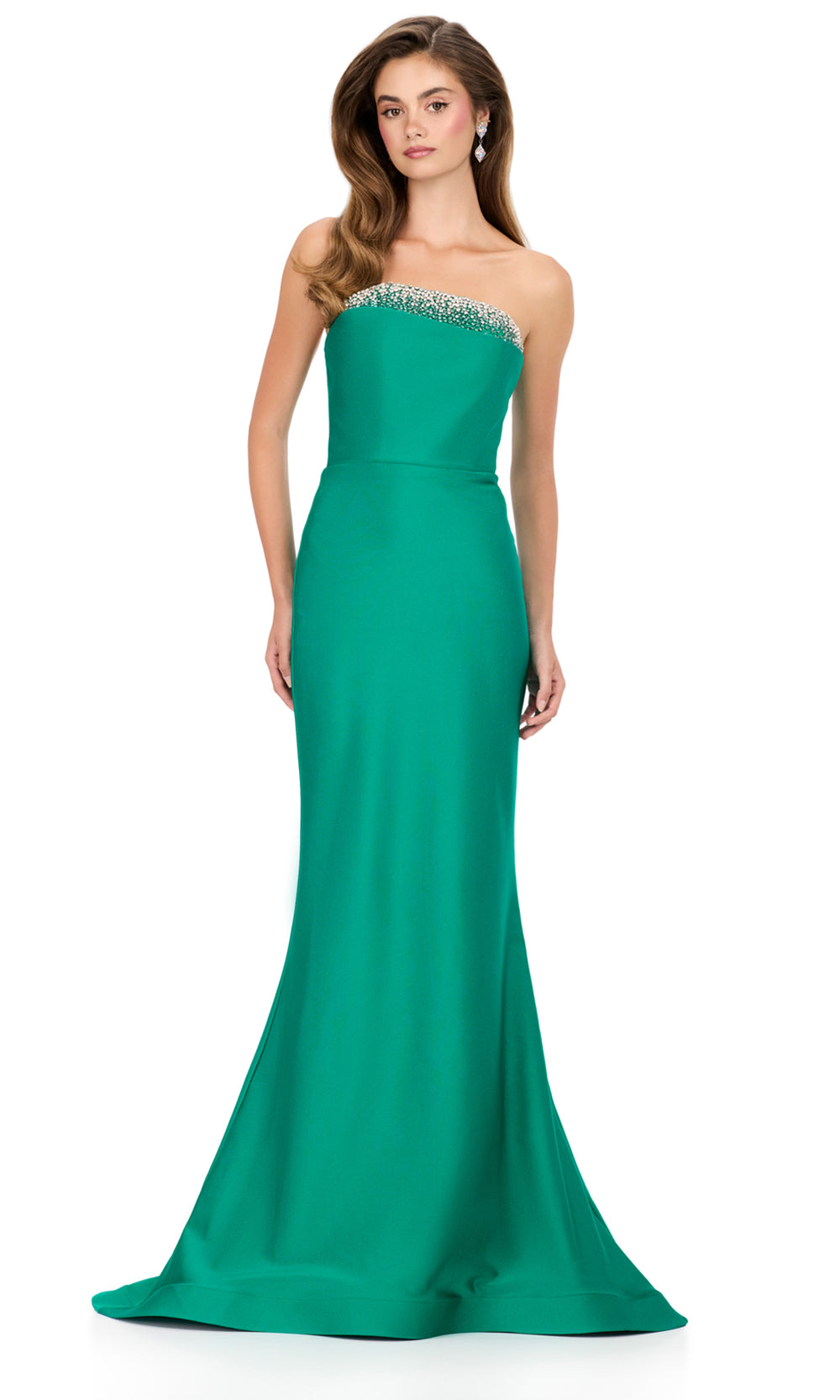 Ashley Lauren 12163 - Beaded Accent Asymmetric Jersey Dress in Emerald