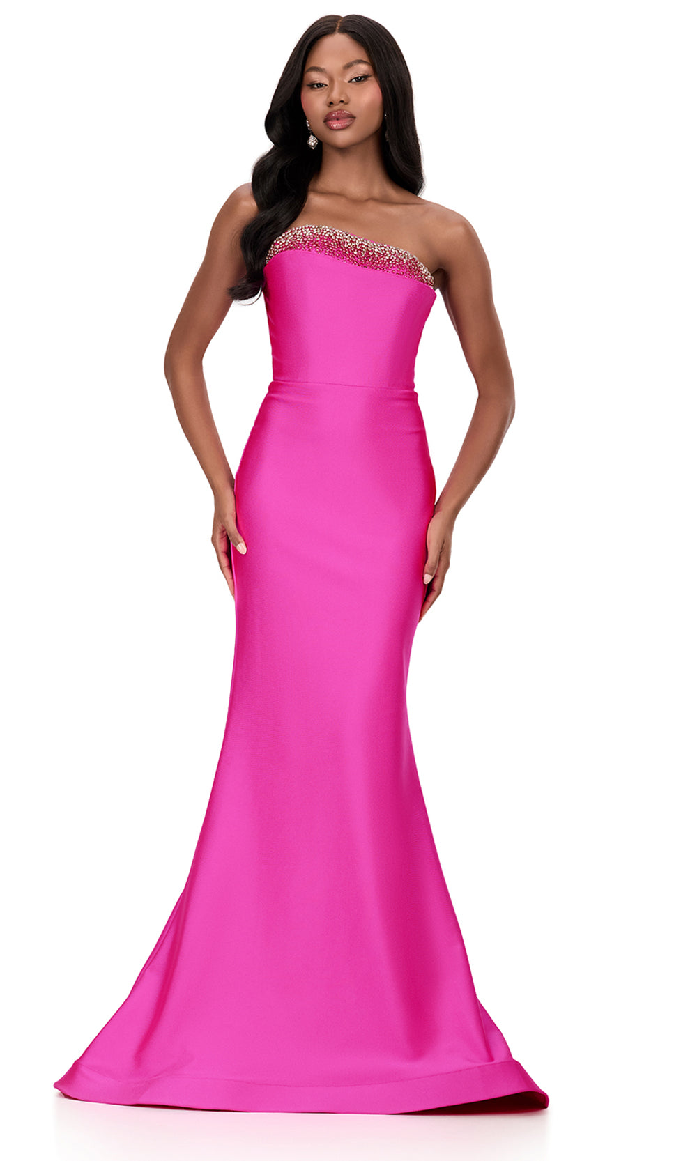 Ashley Lauren 12163 - Beaded Accent Asymmetric Jersey Dress in Fuchsia