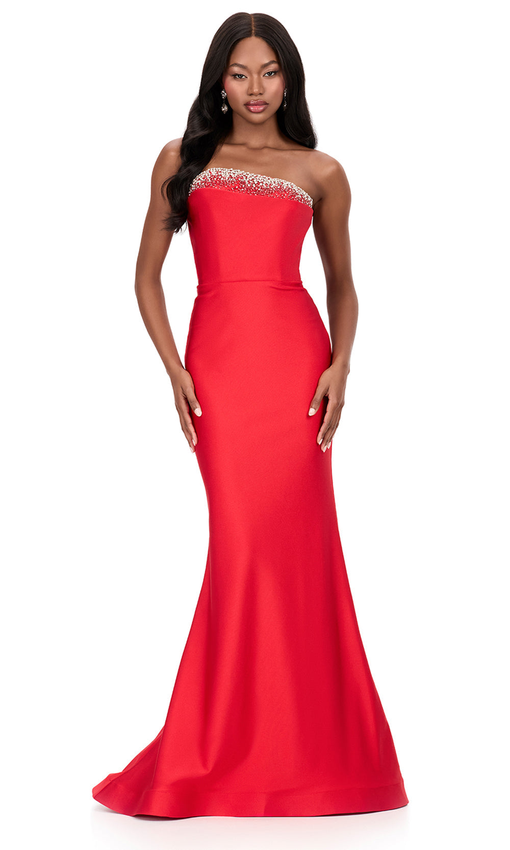 Ashley Lauren 12163 - Beaded Accent Asymmetric Jersey Dress in Red