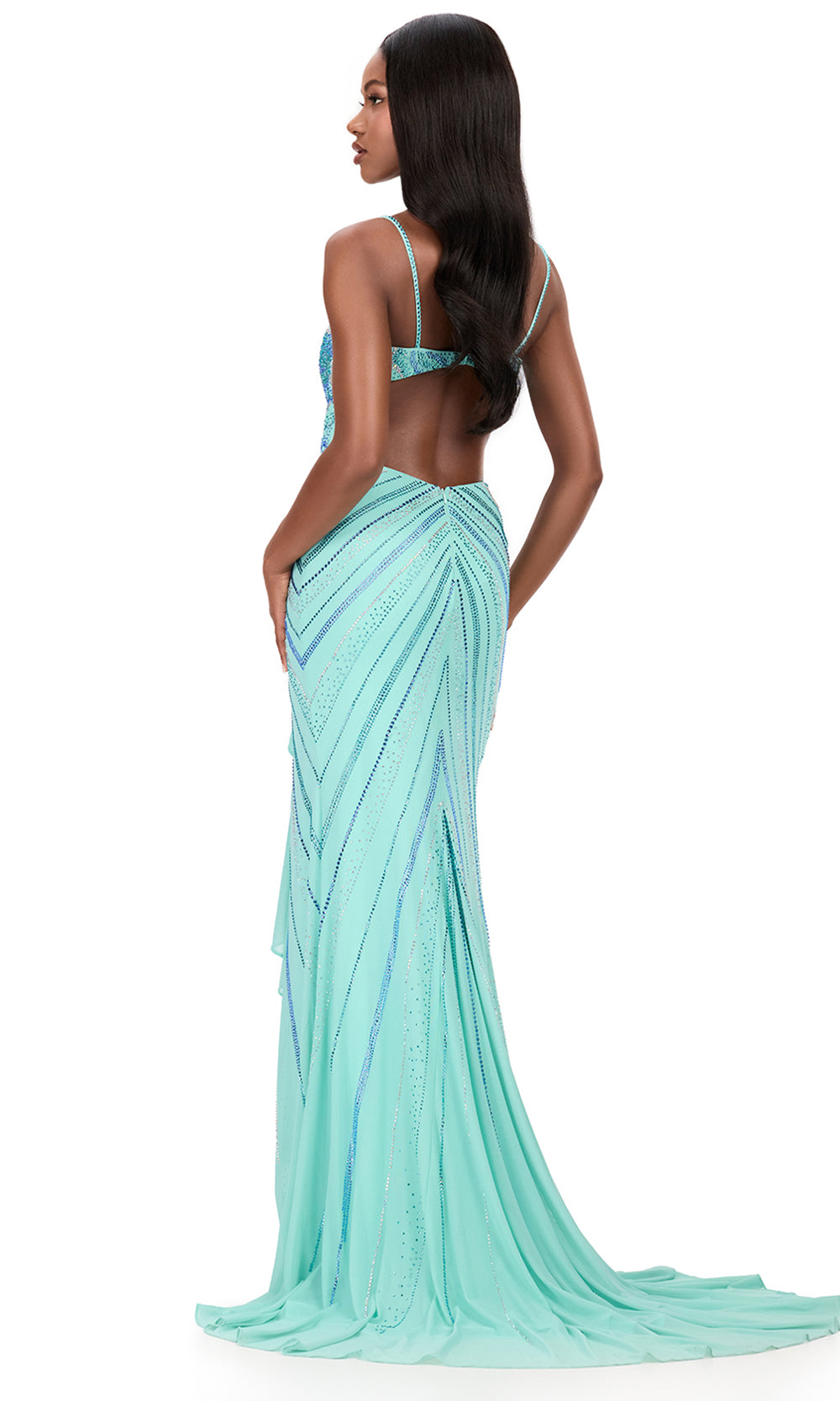 Ashley Lauren 12166 - Beaded Bodice Ruffle Slit Evening Gown in Aqua