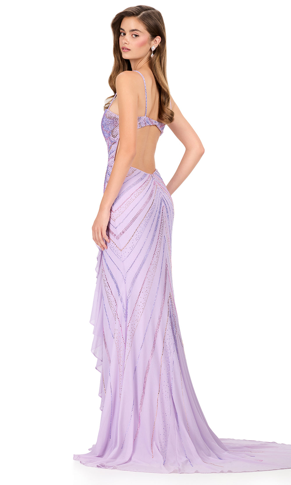 Ashley Lauren 12166 - Beaded Bodice Ruffle Slit Evening Gown in Lilac