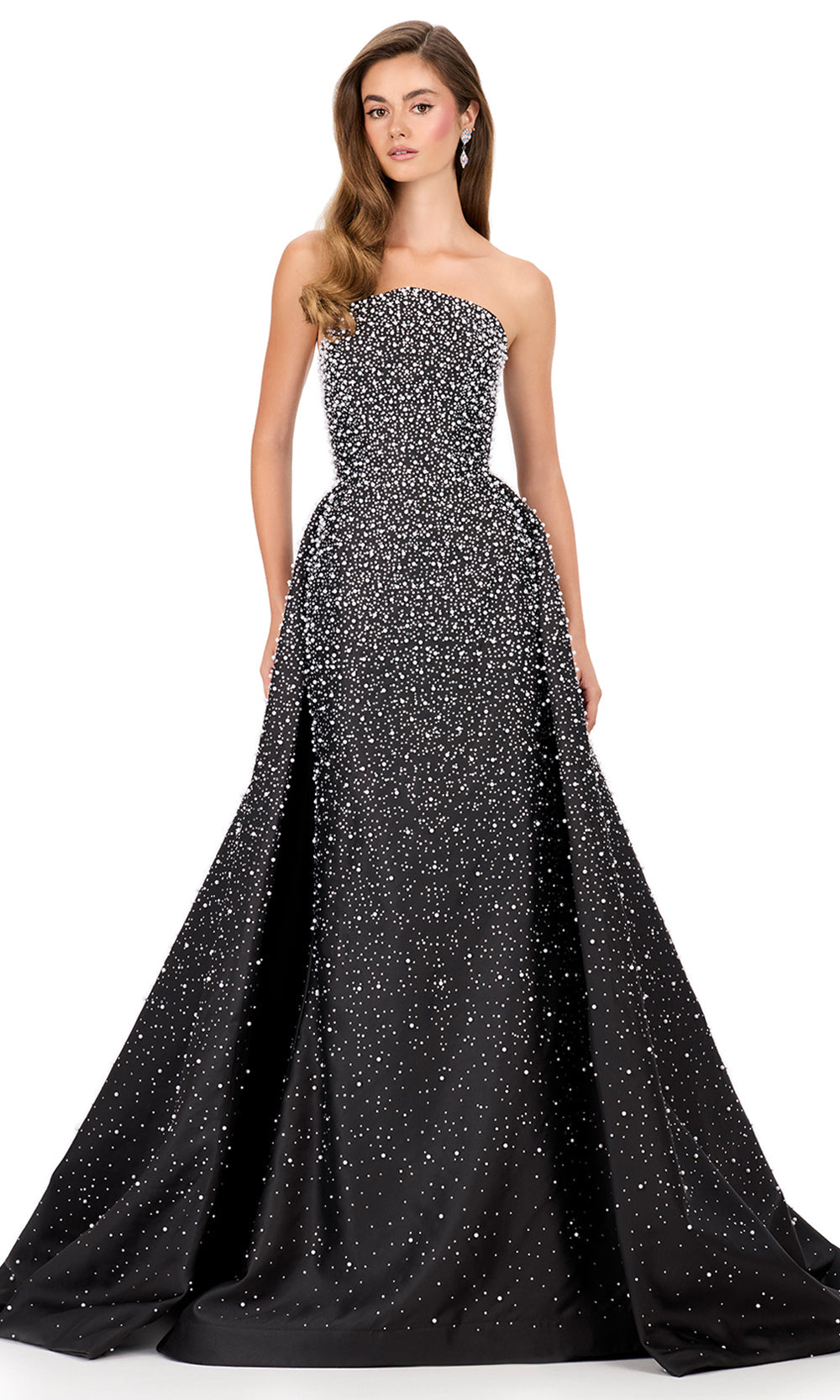 Ashley Lauren 12167 - Pearl Beaded Overskirt Mikado Long Gown in Black