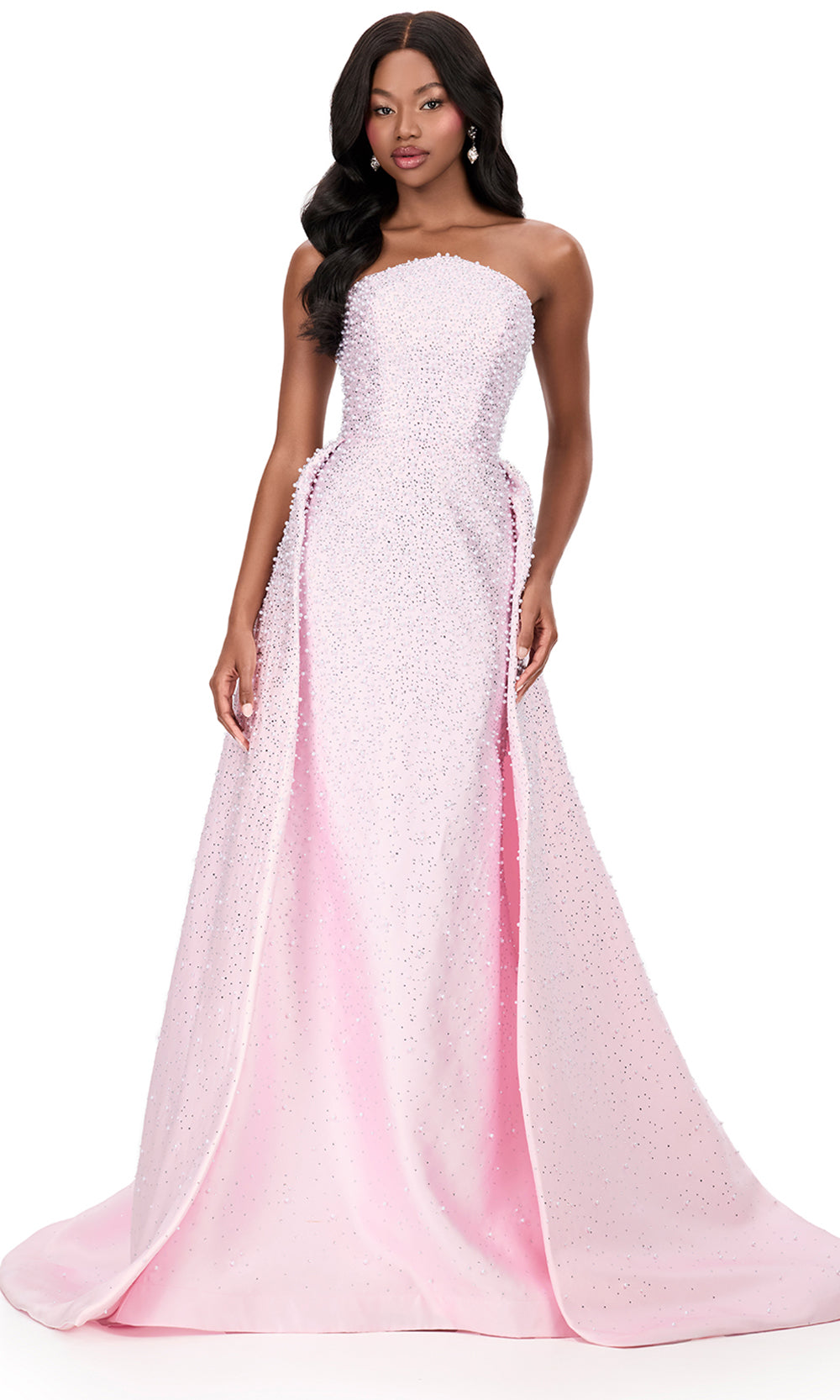 Ashley Lauren 12167 - Pearl Beaded Overskirt Mikado Long Gown in Ice Pink
