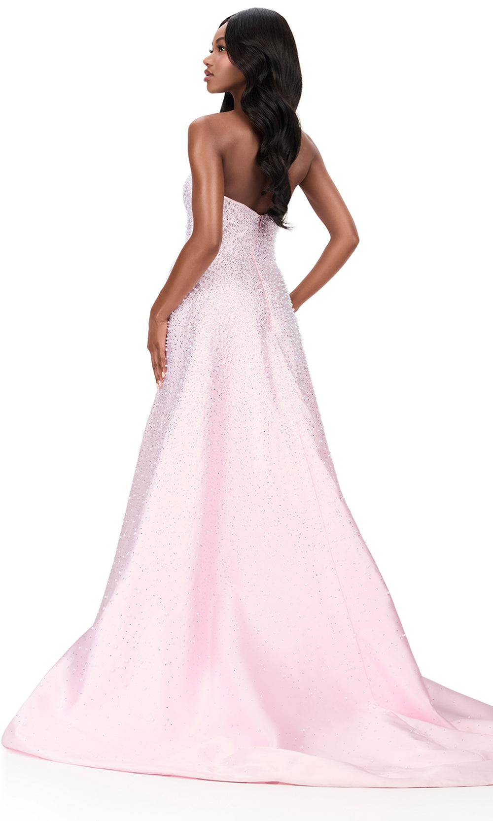 Ashley Lauren 12167 - Pearl Beaded Overskirt Mikado Long Gown in Ice Pink