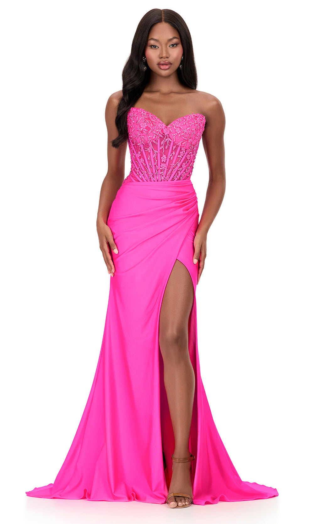 Ashley Lauren 12168 - Lace Applique Corset Wrap Sheath Dress in Hot Pink