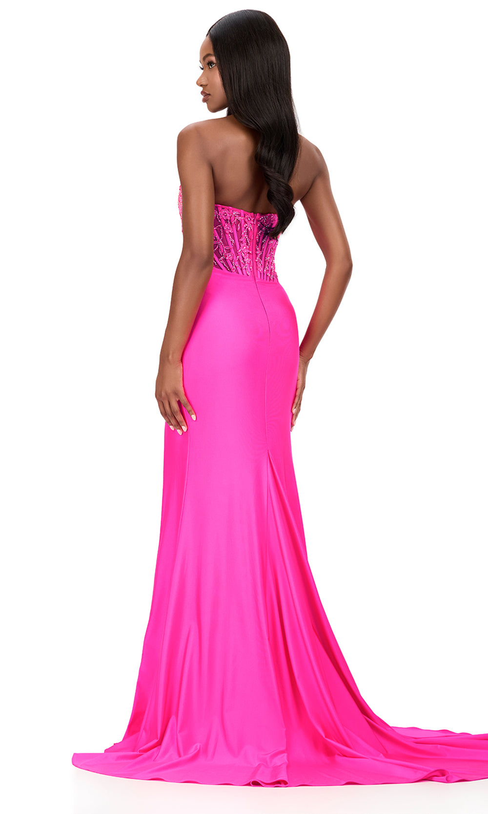 Ashley Lauren 12168 - Lace Applique Corset Wrap Sheath Dress in Hot Pink