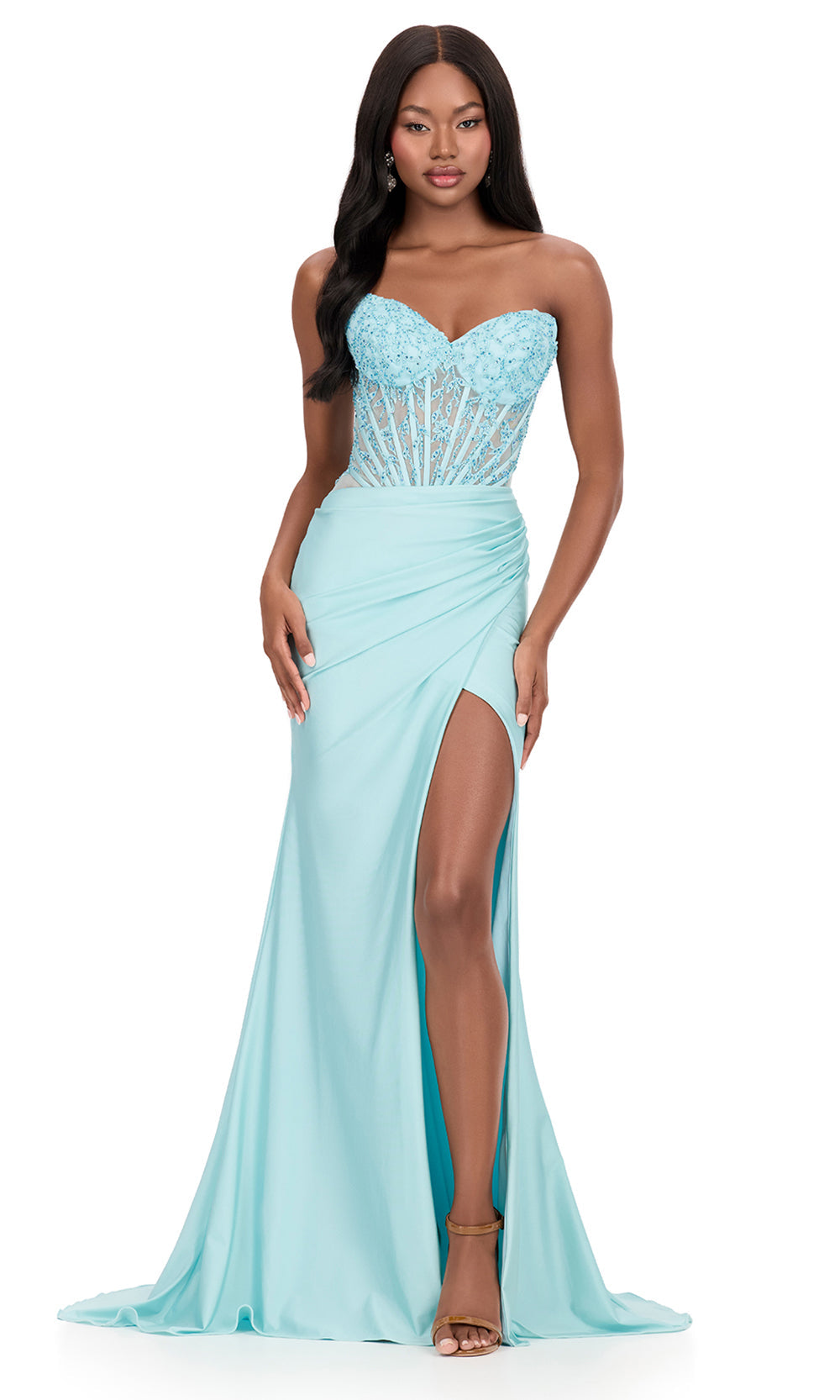 Ashley Lauren 12168 - Lace Applique Corset Wrap Sheath Dress in Light Blue