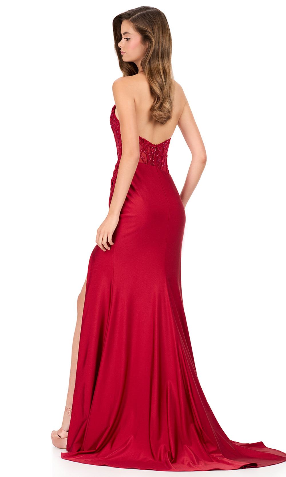 Ashley Lauren 12169 - Embellished Corset Jersey Halter Dress in Burgundy 