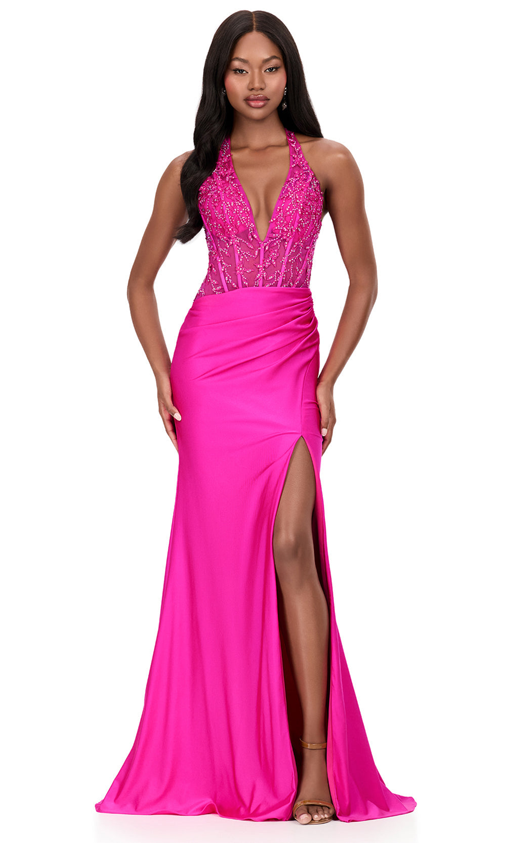 Ashley Lauren 12169 - Embellished Corset Jersey Halter Dress in Fuchsia