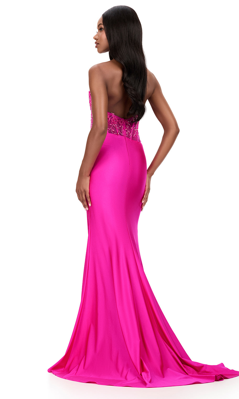 Ashley Lauren 12169 - Embellished Corset Jersey Halter Dress in Fuchsia