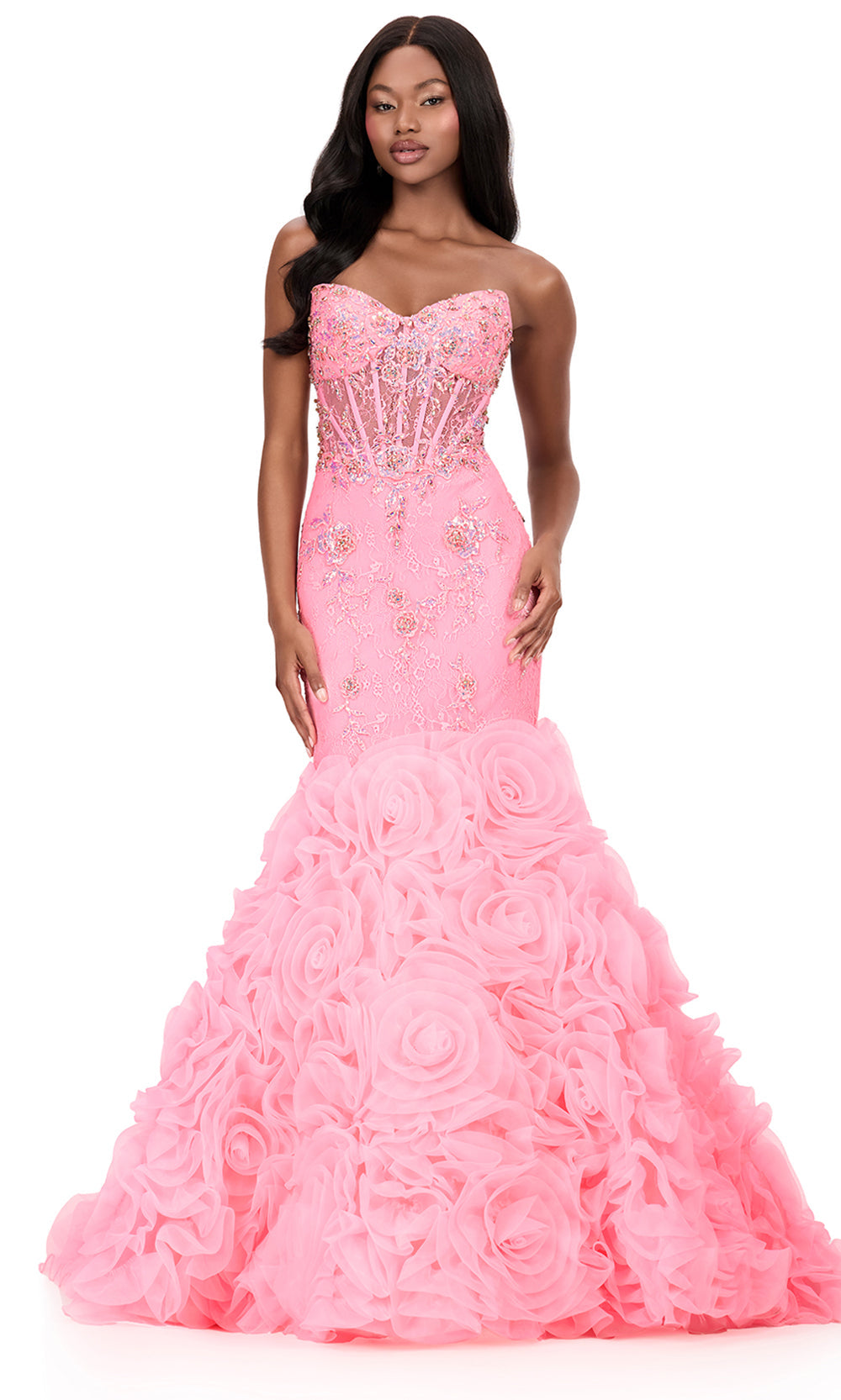 Ashley Lauren 12170 - Strapless Corset Rosette Mermaid Dress in CandyPink