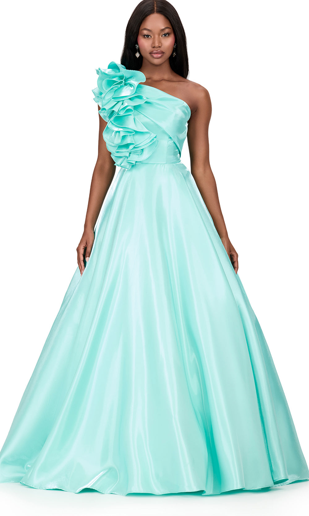 Ashley Lauren 12171 - Ruffle Detail One Shoulder Prom Gown in Aqua
