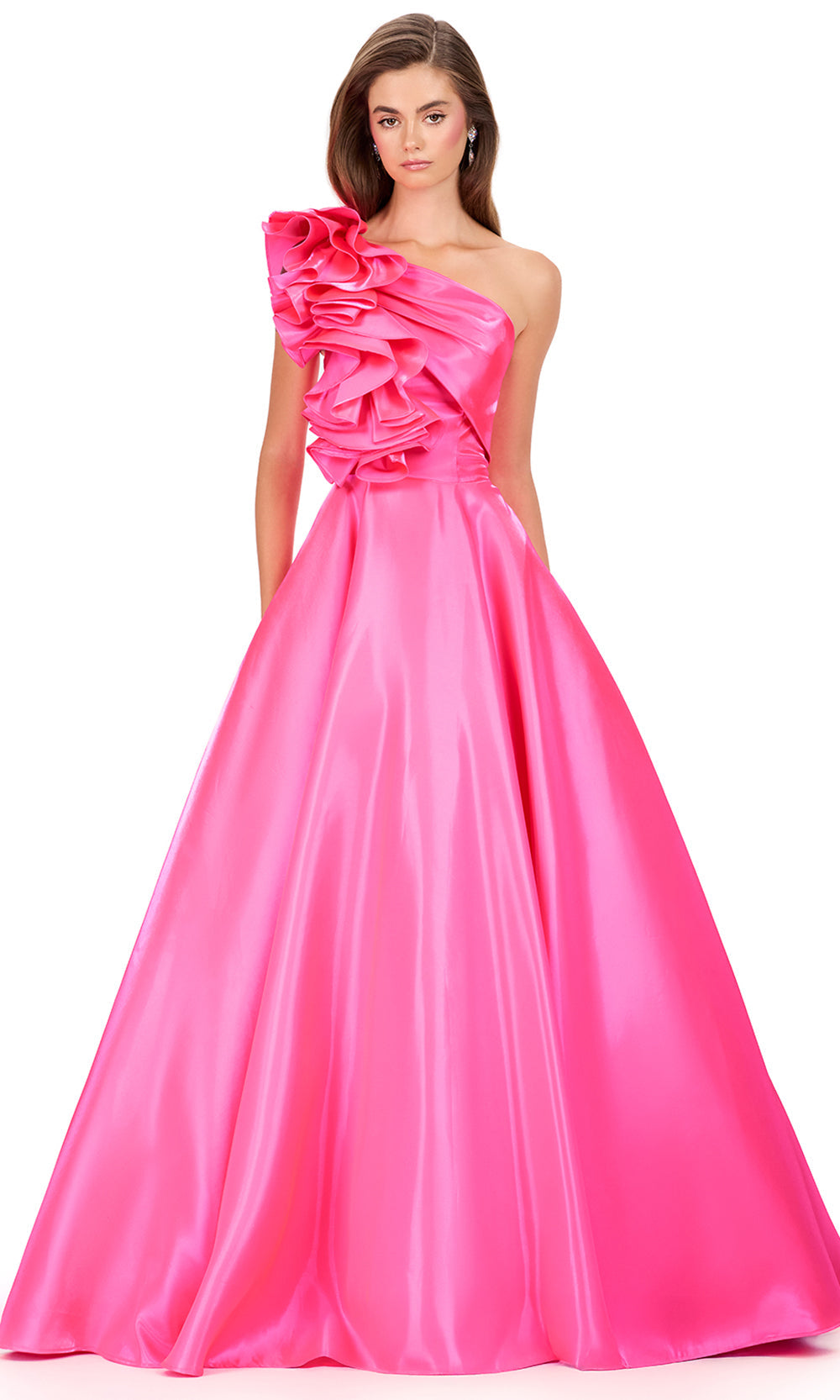 Ashley Lauren 12171 - Ruffle Detail One Shoulder Prom Gown in Hot Pink