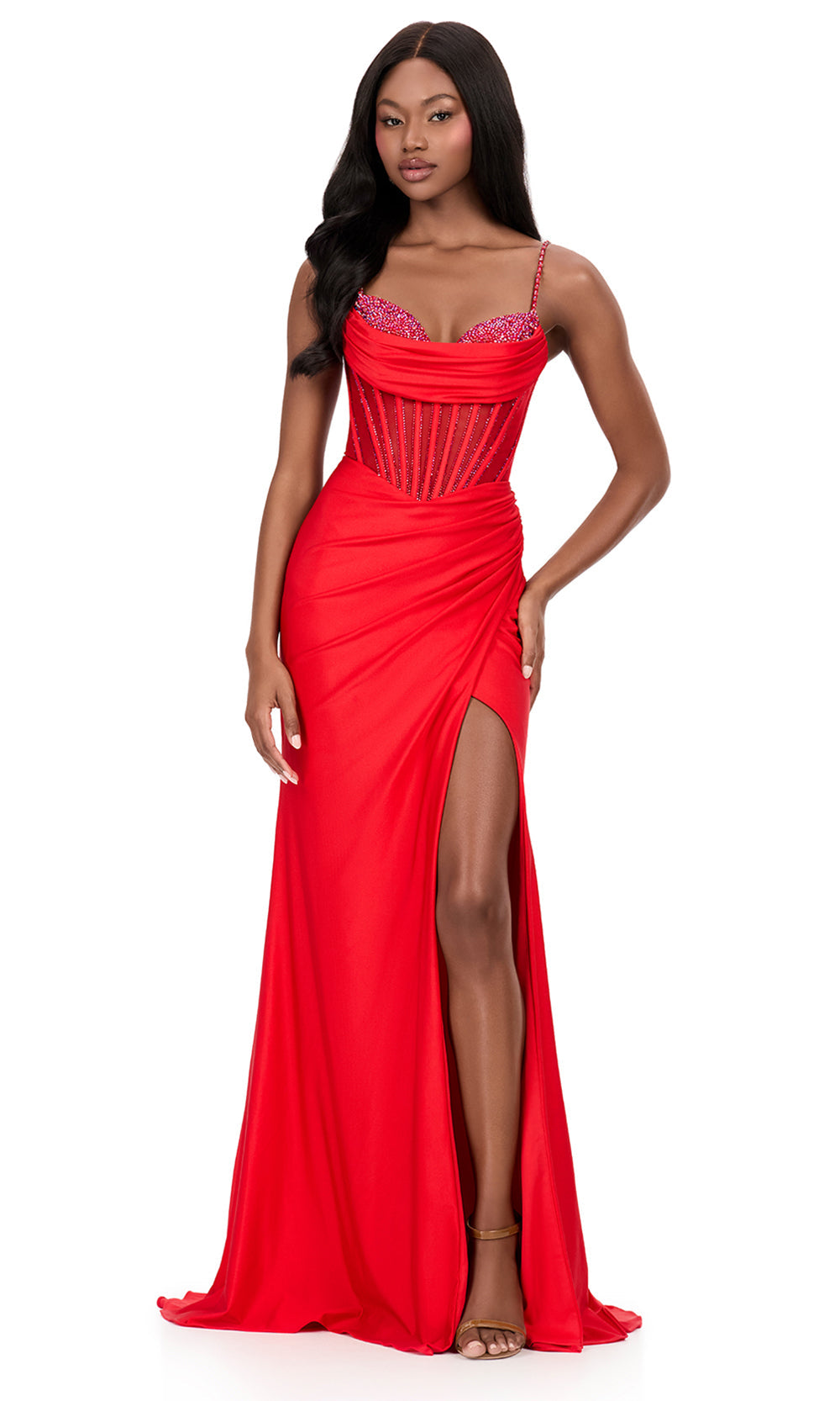 Ashley Lauren 12173 - Beaded Corset Bustier Sweetheart Prom Dress in Red