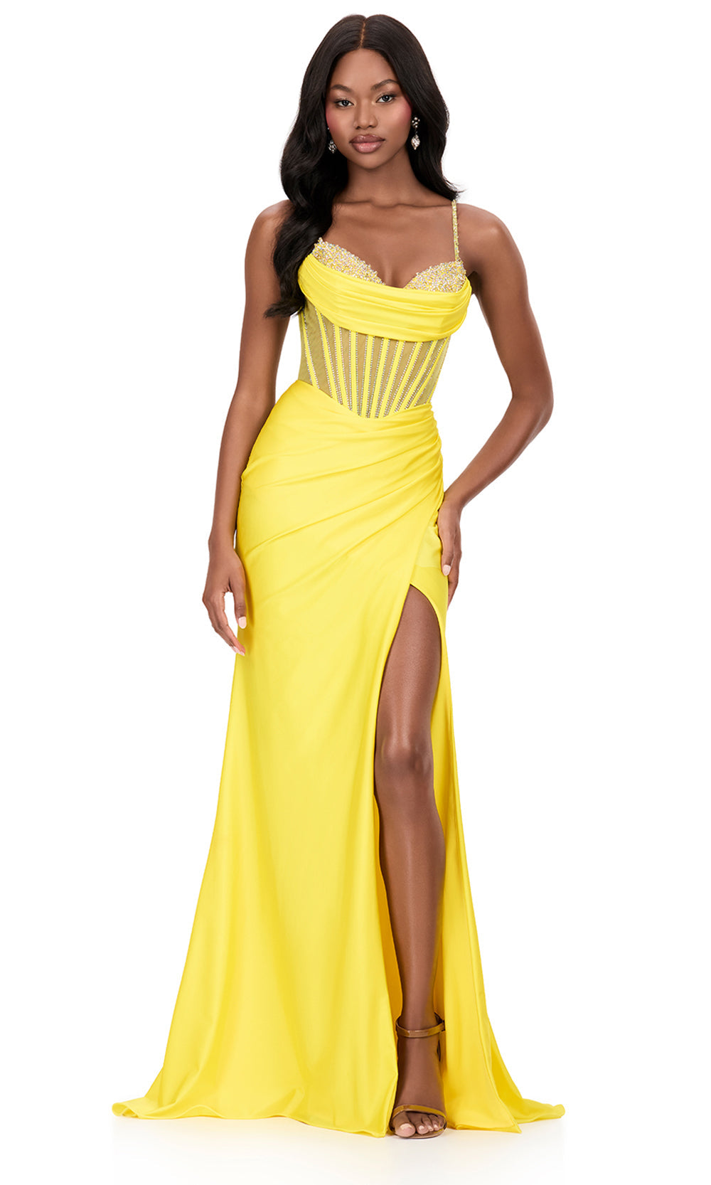 Ashley Lauren 12173 - Beaded Corset Bustier Sweetheart Prom Dress in Yellow