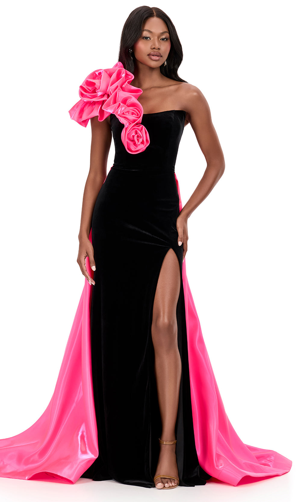 Ashley Lauren 12174 - Oversized 3D Floral Velvet Asymmetric Gown in Black Hot Pink