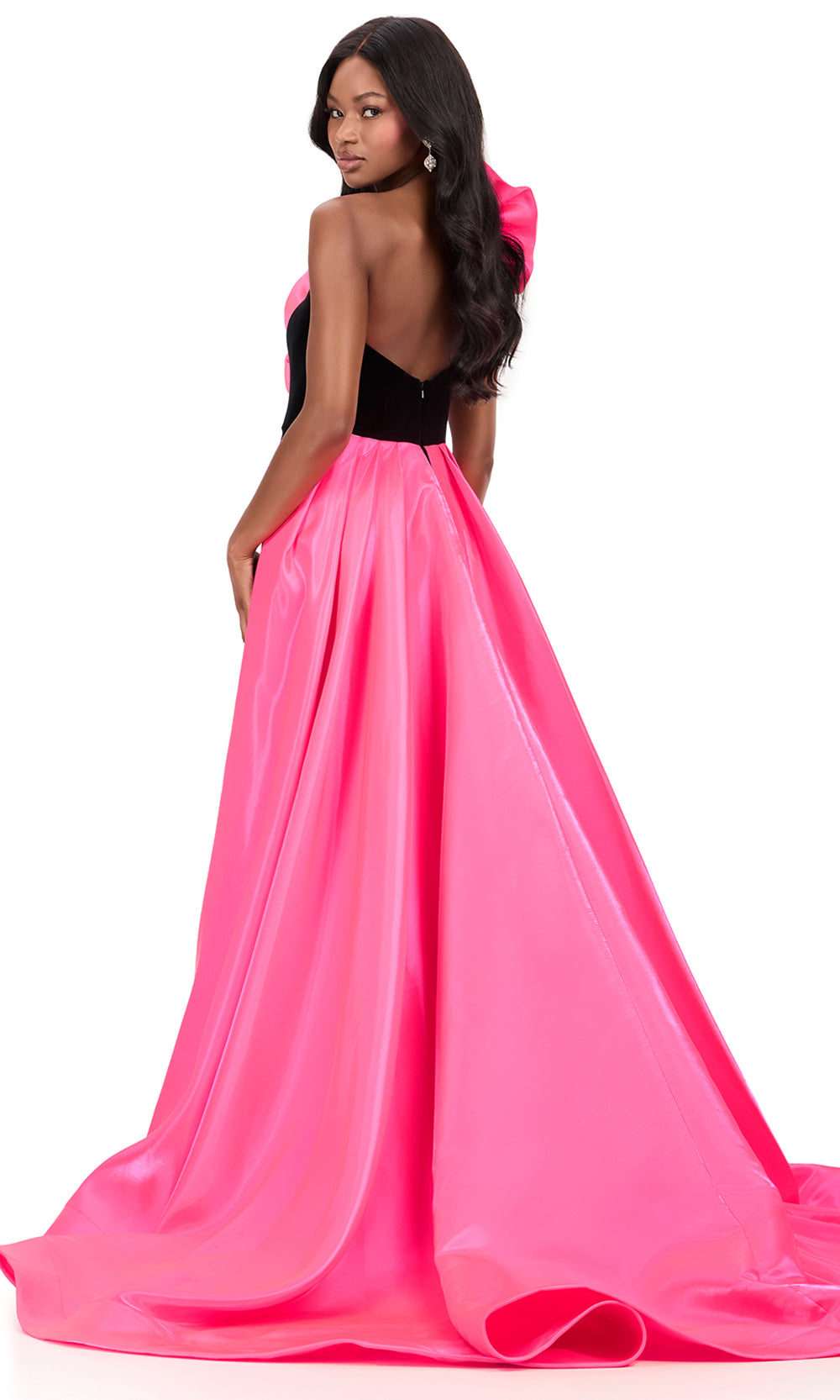 Ashley Lauren 12174 - Oversized 3D Floral Velvet Asymmetric Gown in Black Hot Pink