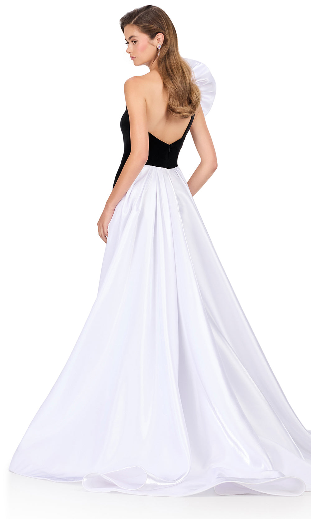Ashley Lauren 12174 - Oversized 3D Floral Velvet Asymmetric Gown in Black White