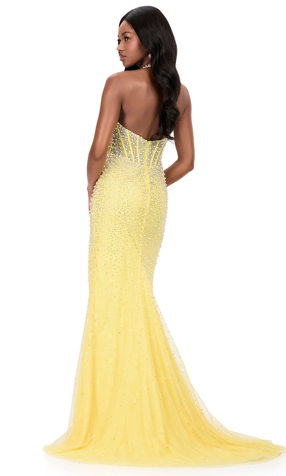 Ashley Lauren 12177 - Beaded Lace Halter Evening Dress with Slit in Yellow