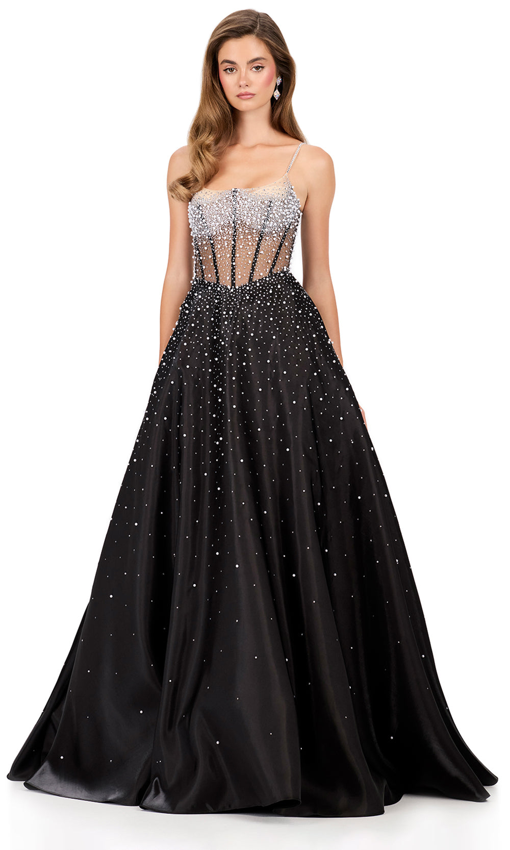 Ashley Lauren 12182 - Corset Top Beaded Spaghetti Strap Gown in Black