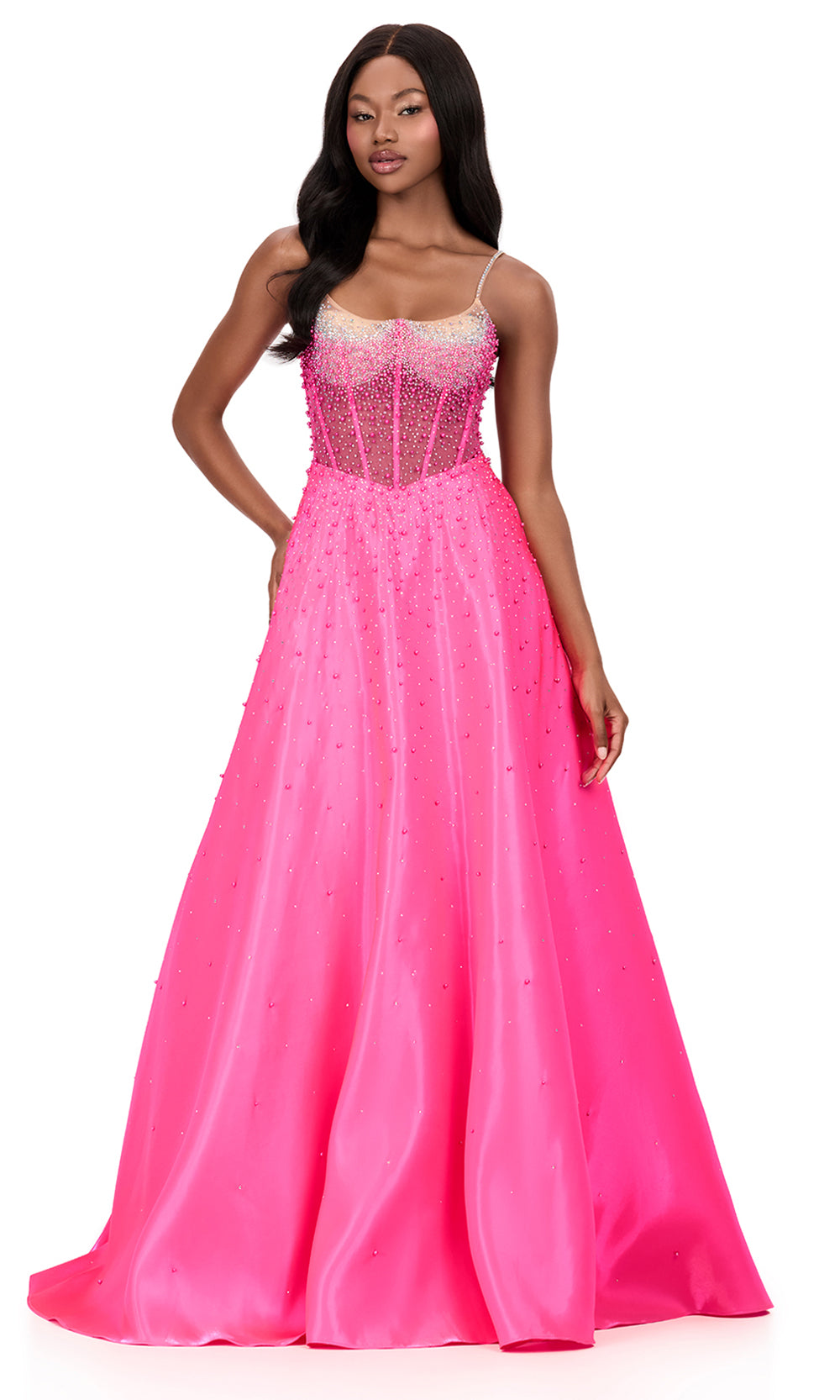 Ashley Lauren 12182 - Corset Top Beaded Spaghetti Strap Gown in Hot Pink