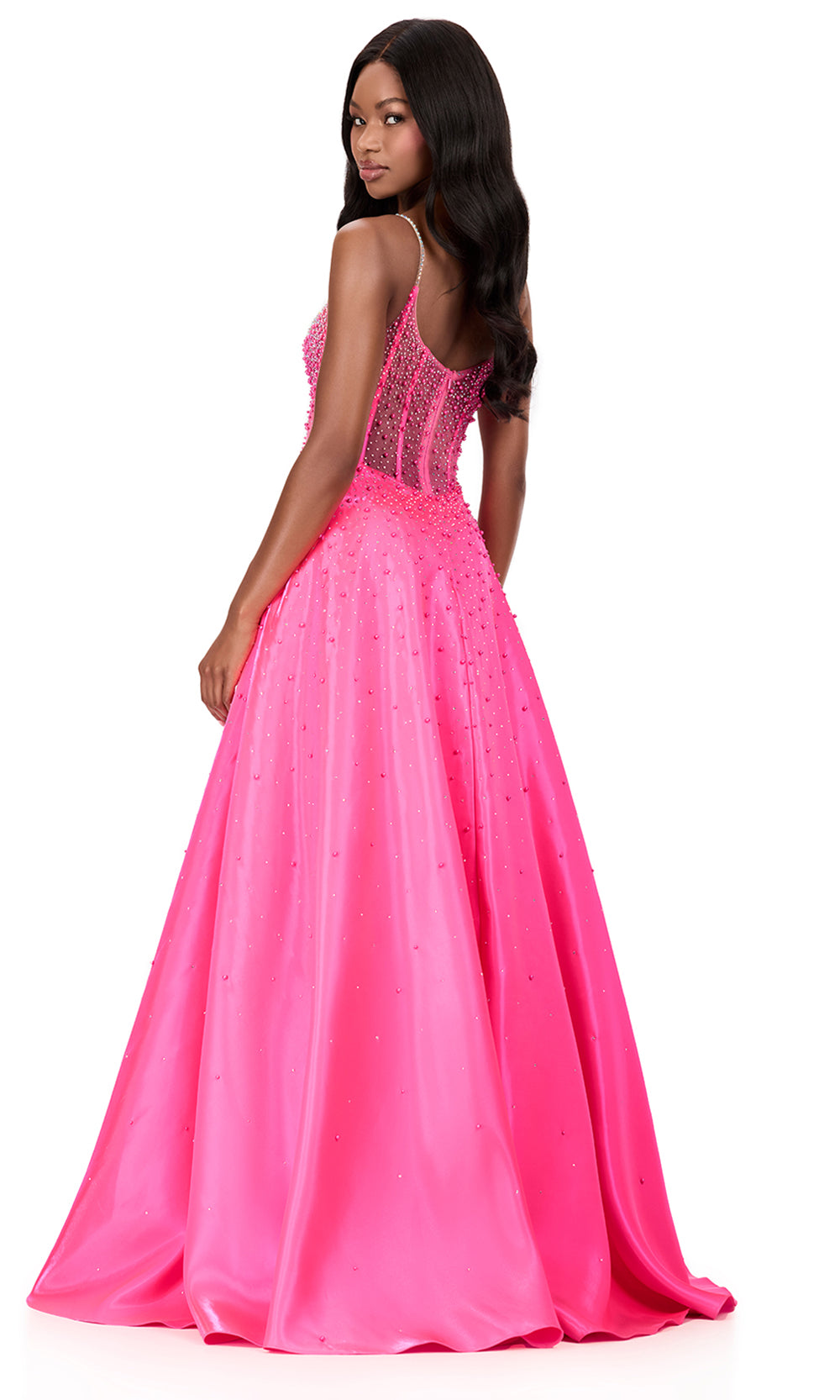 Ashley Lauren 12182 - Corset Top Beaded Spaghetti Strap Gown in Hot Pink