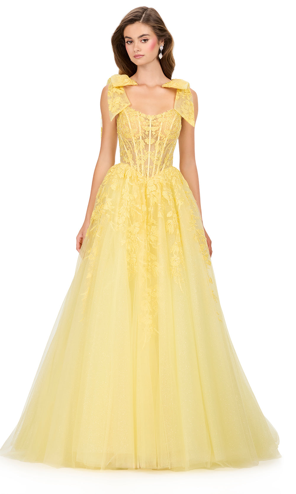Ashley Lauren 12184 - Embroidered Lace Corset Bustier Gown in Yellow