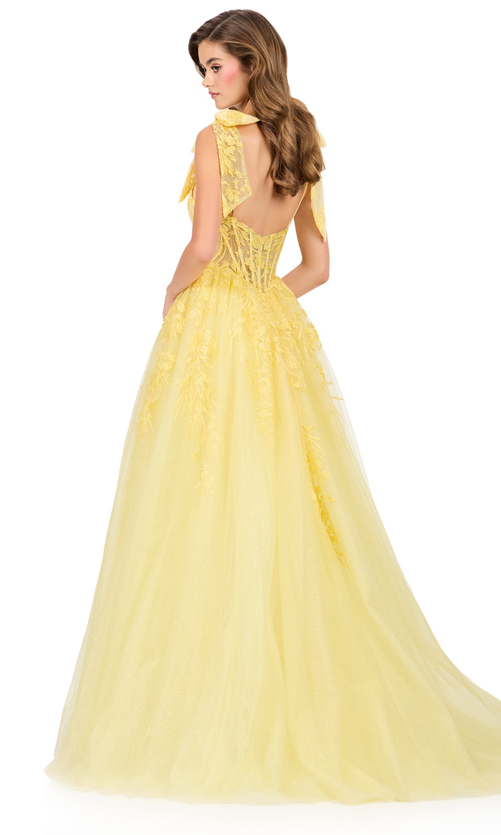 Ashley Lauren 12184 - Embroidered Lace Corset Bustier Gown in Yellow