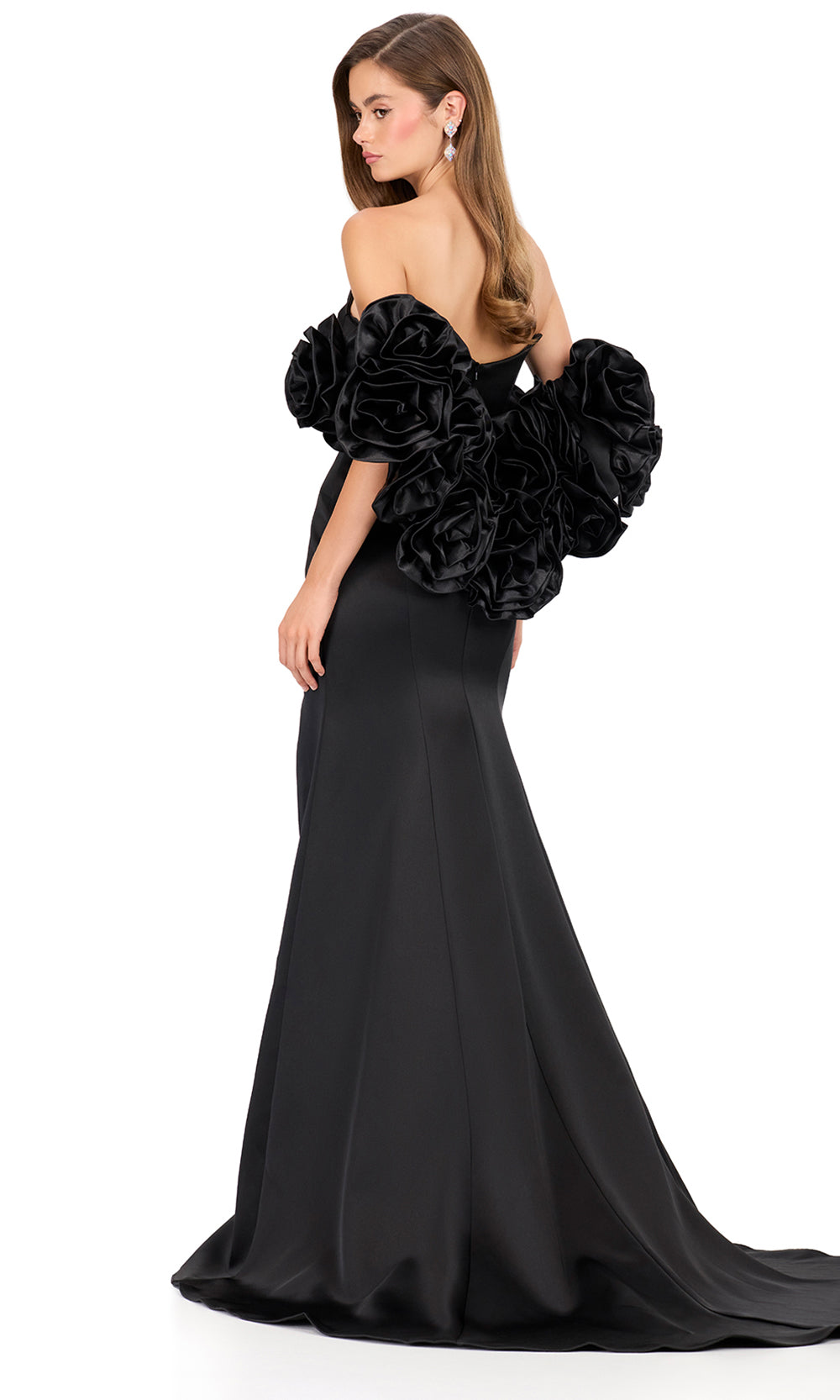 Ashley Lauren 12185 - Rosette Cape Fitted Satin Evening Gown in Black