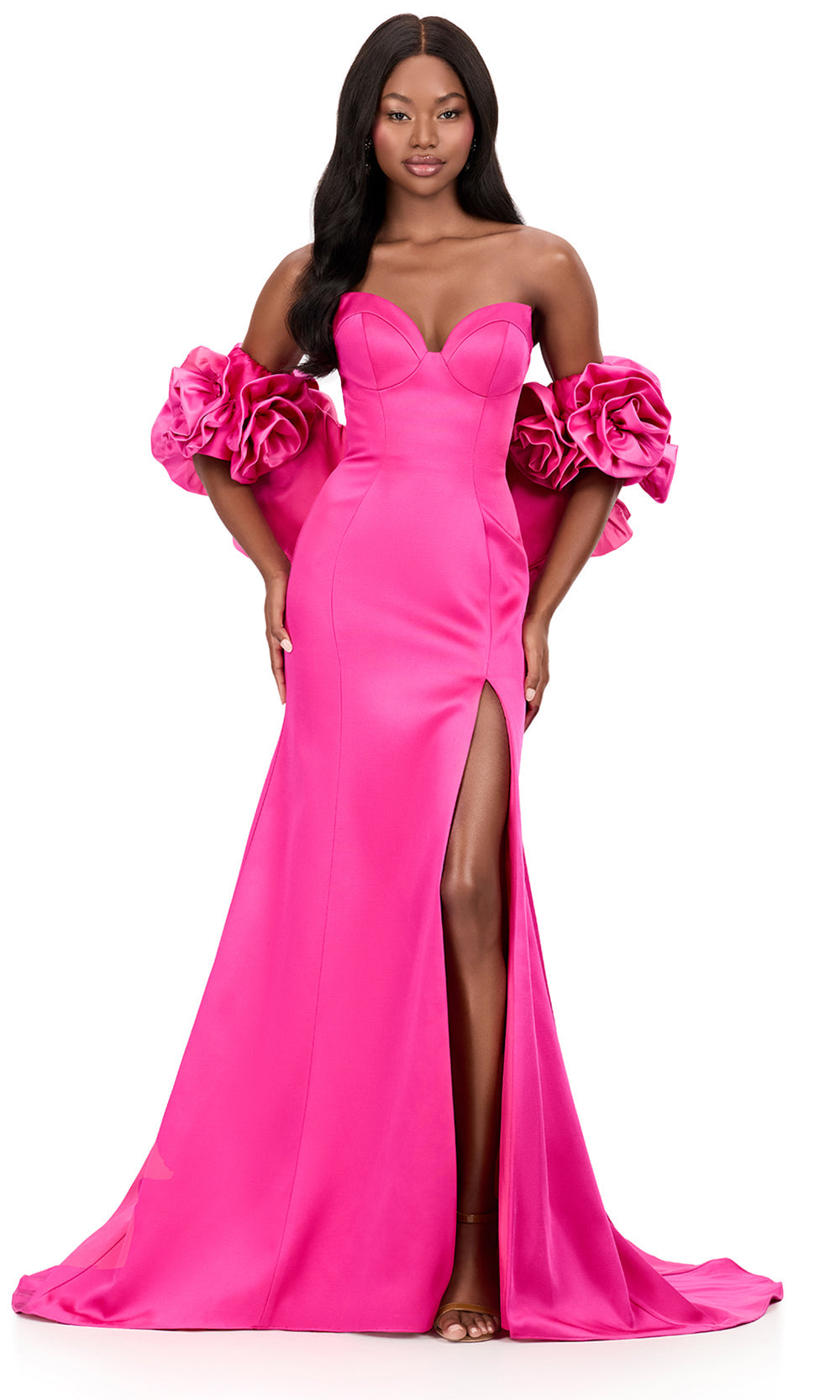 Ashley Lauren 12185 - Rosette Cape Fitted Satin Evening Gown in Fuchsia