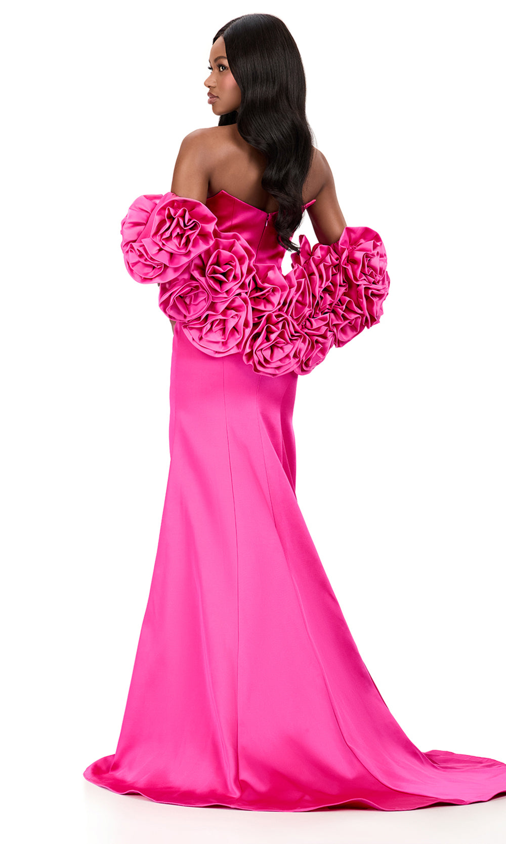 Ashley Lauren 12185 - Rosette Cape Fitted Satin Evening Gown in Fuchsia