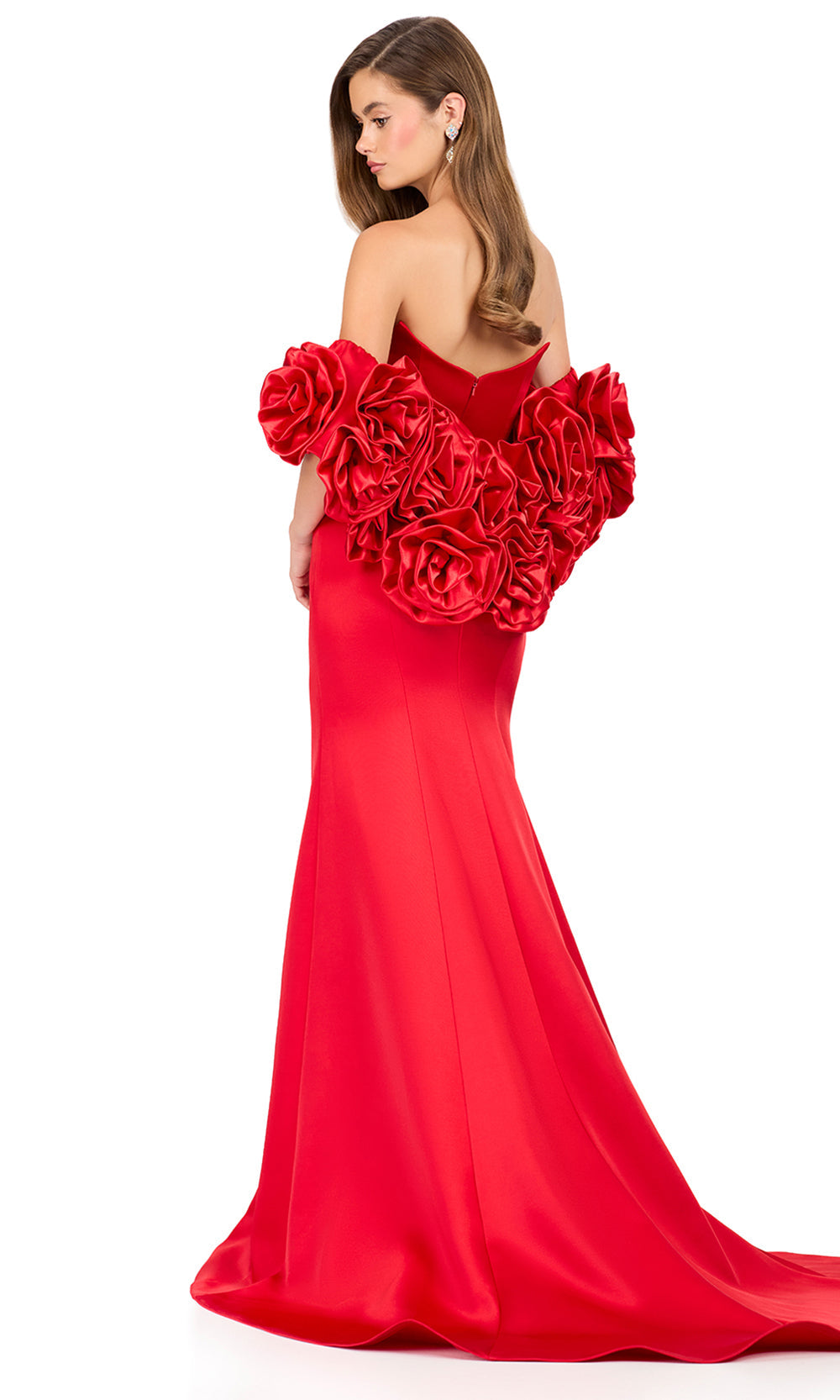 Ashley Lauren 12185 - Rosette Cape Fitted Satin Evening Gown in Red