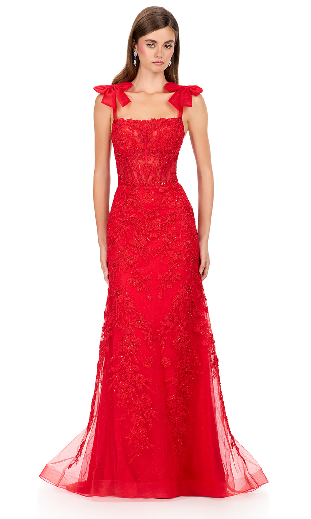 Ashley Lauren 12186 - Bow Strap Lace Embroidered Gown in Red
