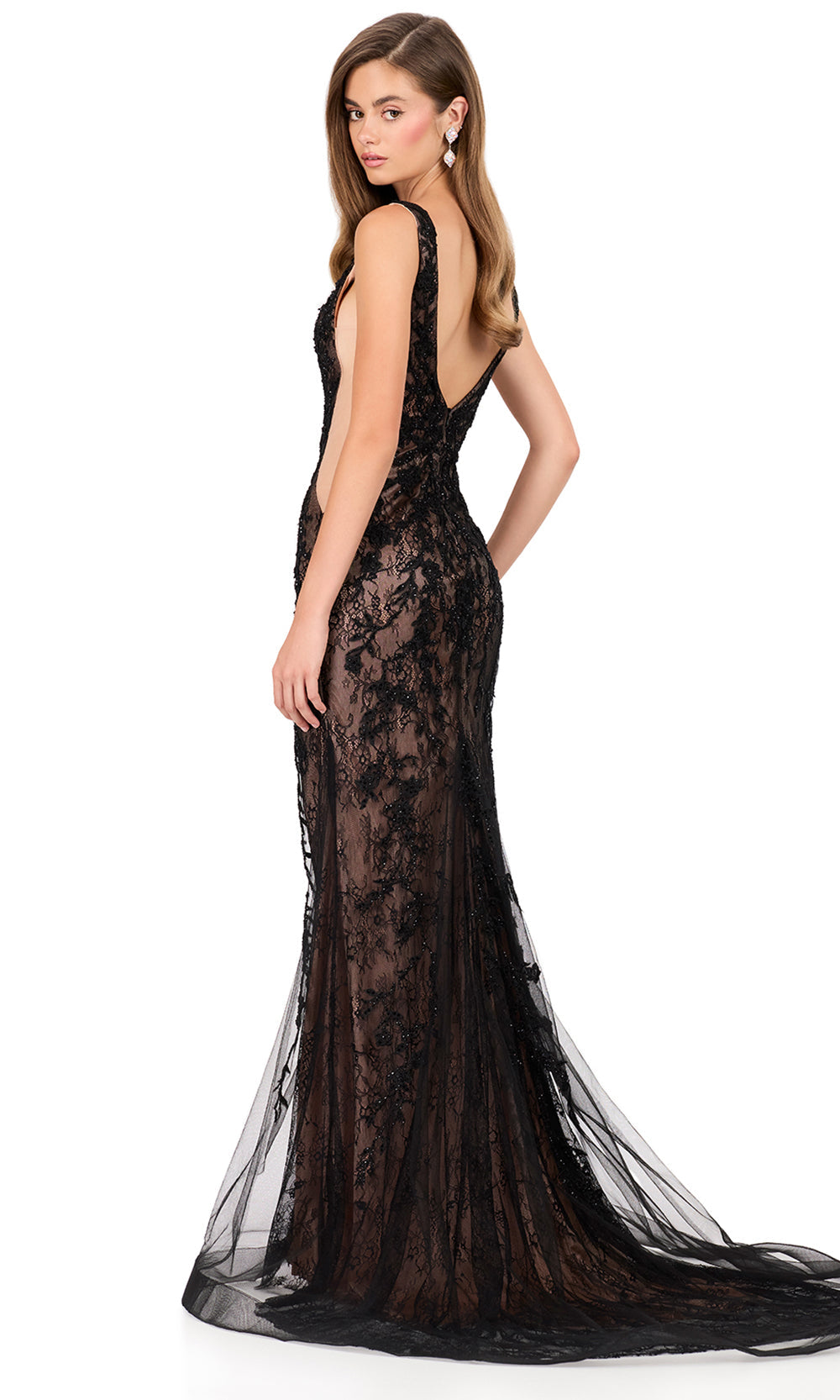 Ashley Lauren 12187 - Lace Applique Plungin g V-Neck Prom Dress in Black