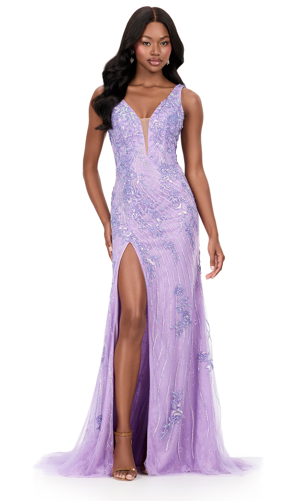 Ashley Lauren 12188 - Beaded Applique Wide Strap Fitted Gown in Orchid