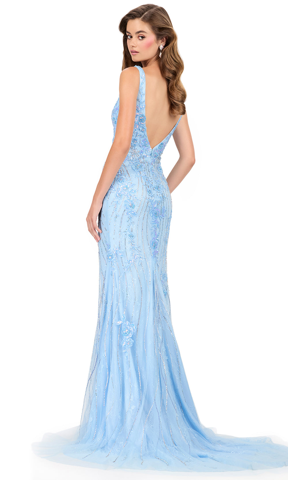 Ashley Lauren 12188 - Beaded Applique Wide Strap Fitted Gown in Sky