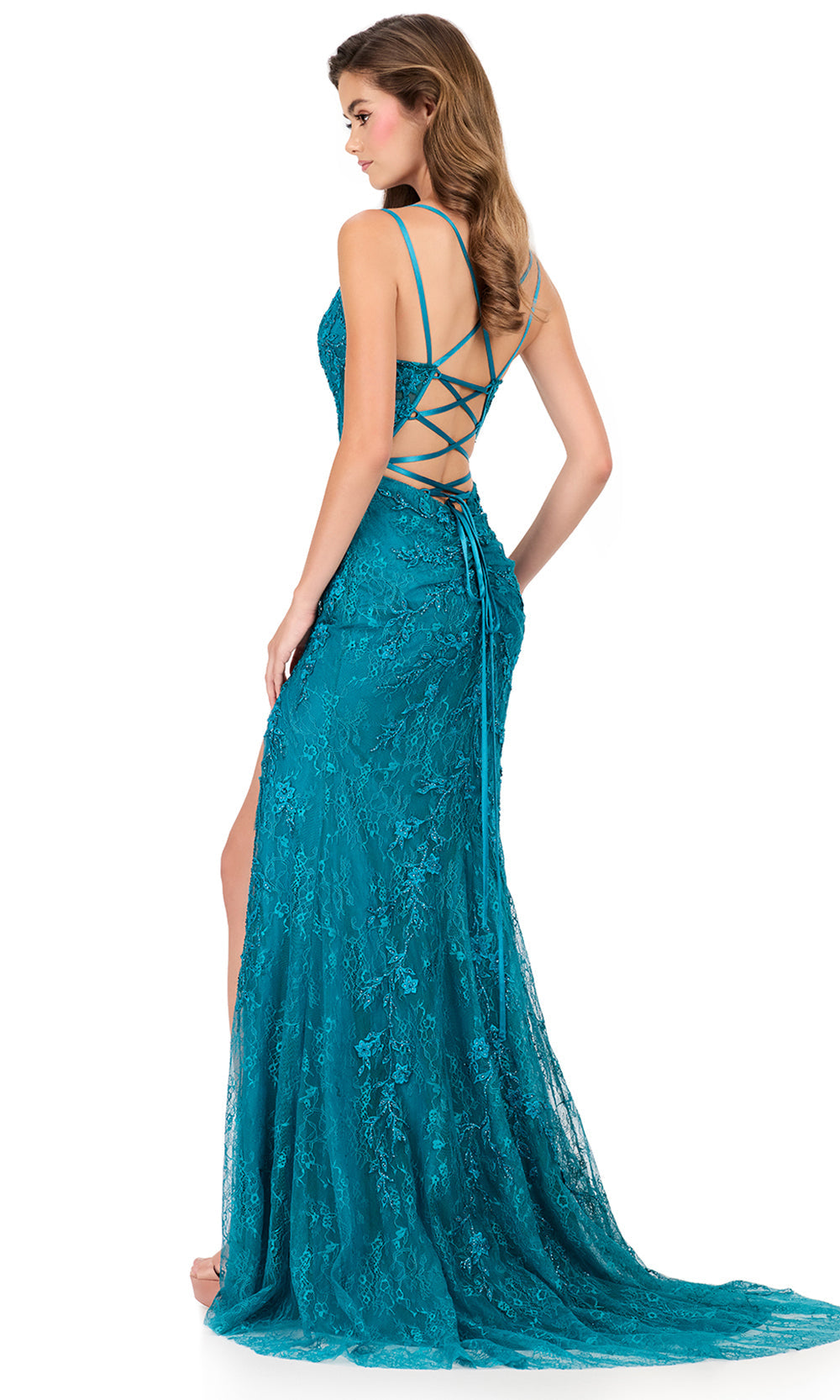 Ashley Lauren 12189 - Beaded Lace Double Strap Prom Gown in Teal