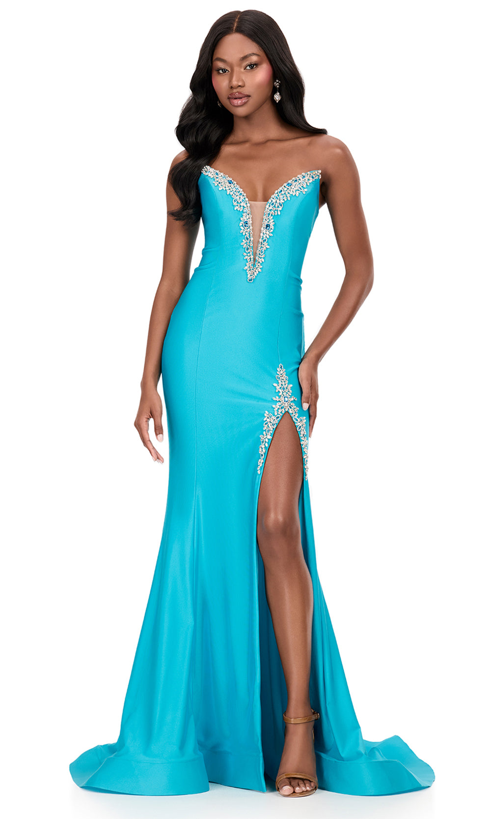 Ashley Lauren 12191 - Beaded Accent Mermaid Strapless Dress in Tuquoise