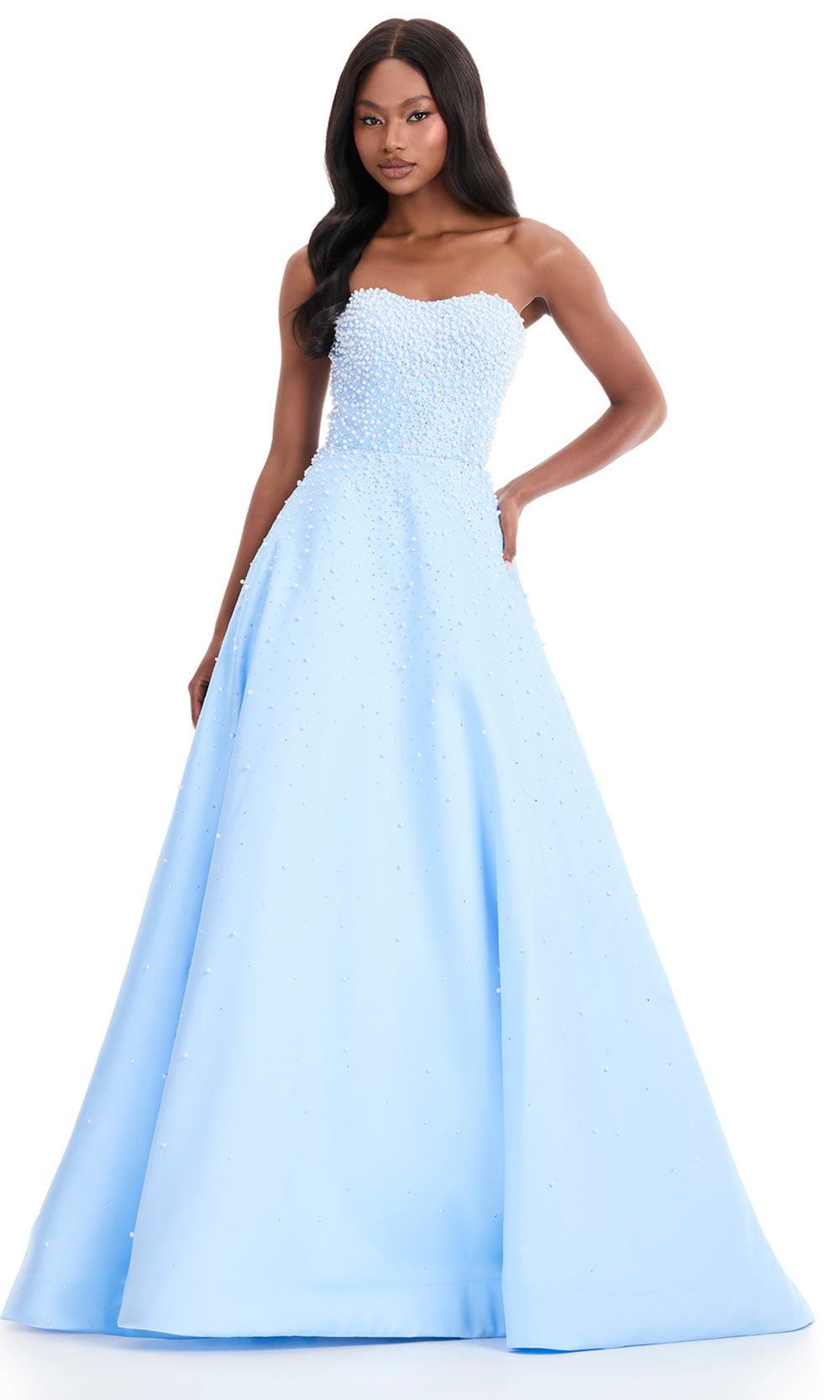 Ashley Lauren 12192 - Semi-Sweetheart Pearl Beaded Prom Dress in Sky